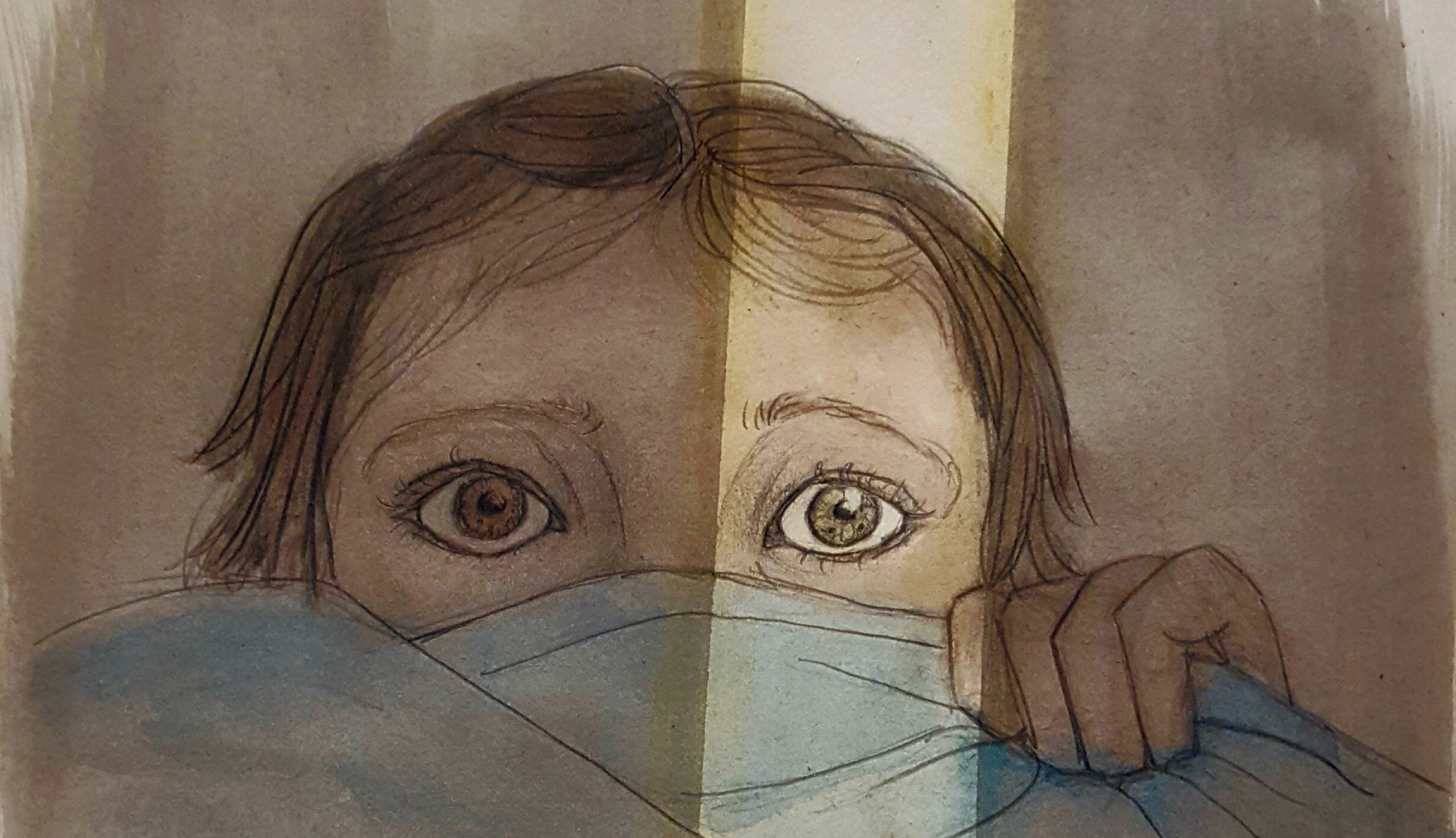 illustration young girl with blanket pulled up showing nervous eyes peeking out one eye is illuminated by a sliver of light and the rest is in shadow