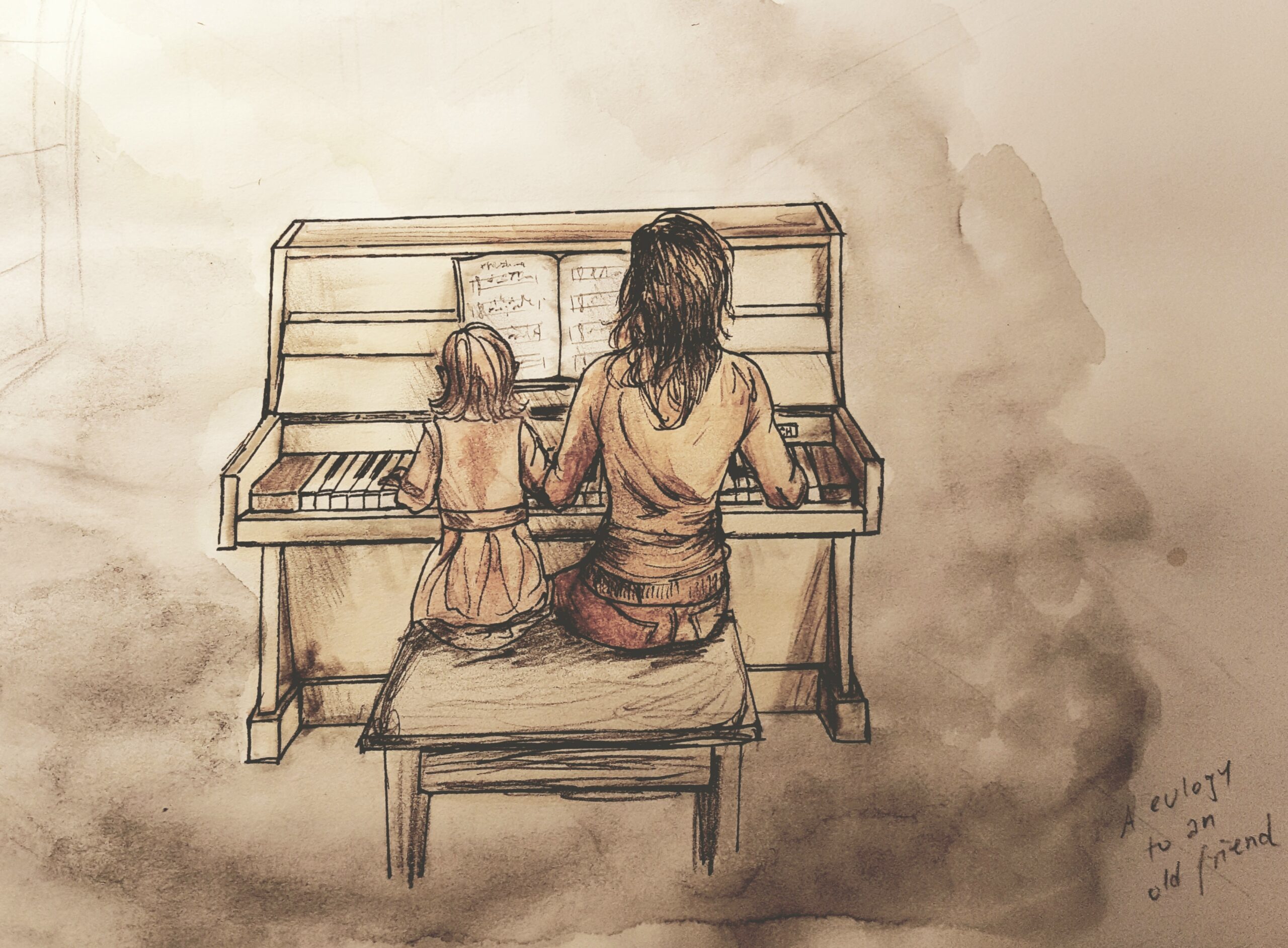 Illustration of two figures playing piano a young girl and a woman