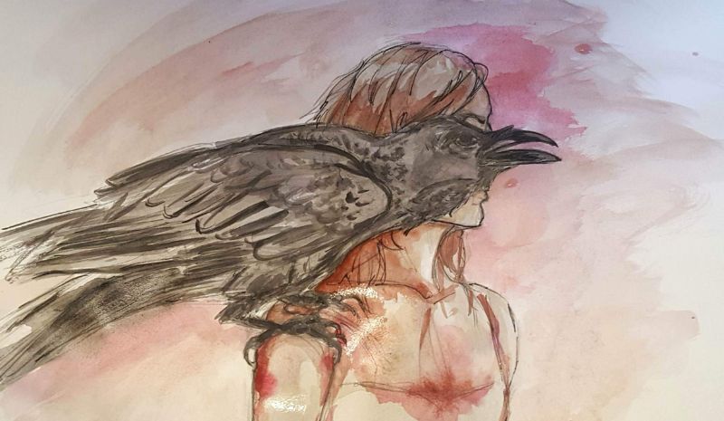 Illustration of raven on human shoulder